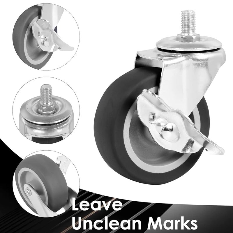 BAISASY Caster Wheels, 3 Inch Stem Casters Set of 4, Heavy Duty Swivel Wheel with Brake, Metric Size M10-1.5-15 (Screw Diameter 10mm, Screw Length 15mm) Casters for Workbench Trolley, Furniture Dolly - Image 4